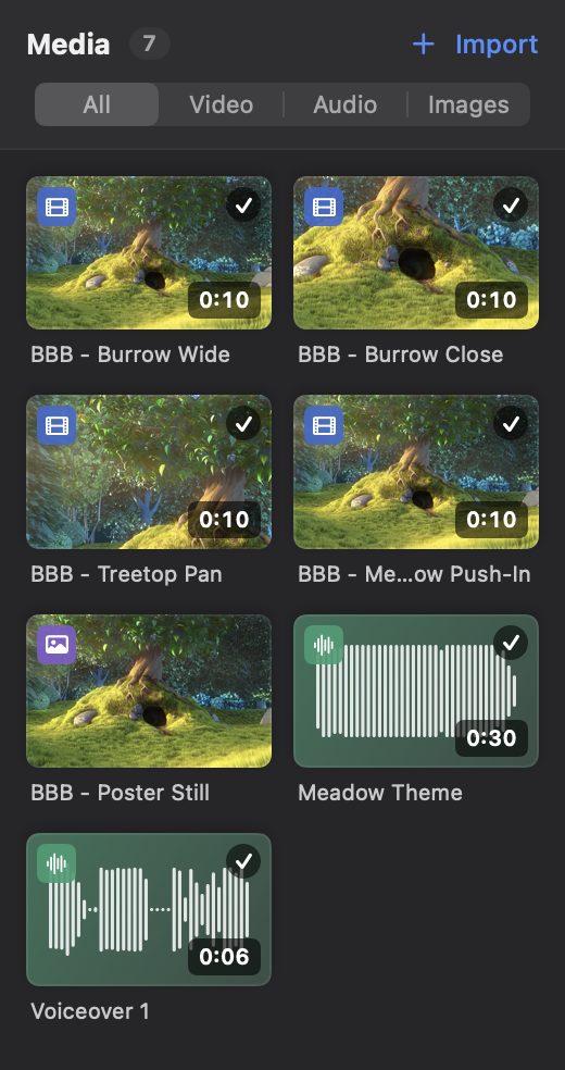 The EditRush media bin with seven items: four Big Buck Bunny video clips with poster frames, a still image, a music track and a voiceover with their waveforms, and duration badges on the video and audio items.