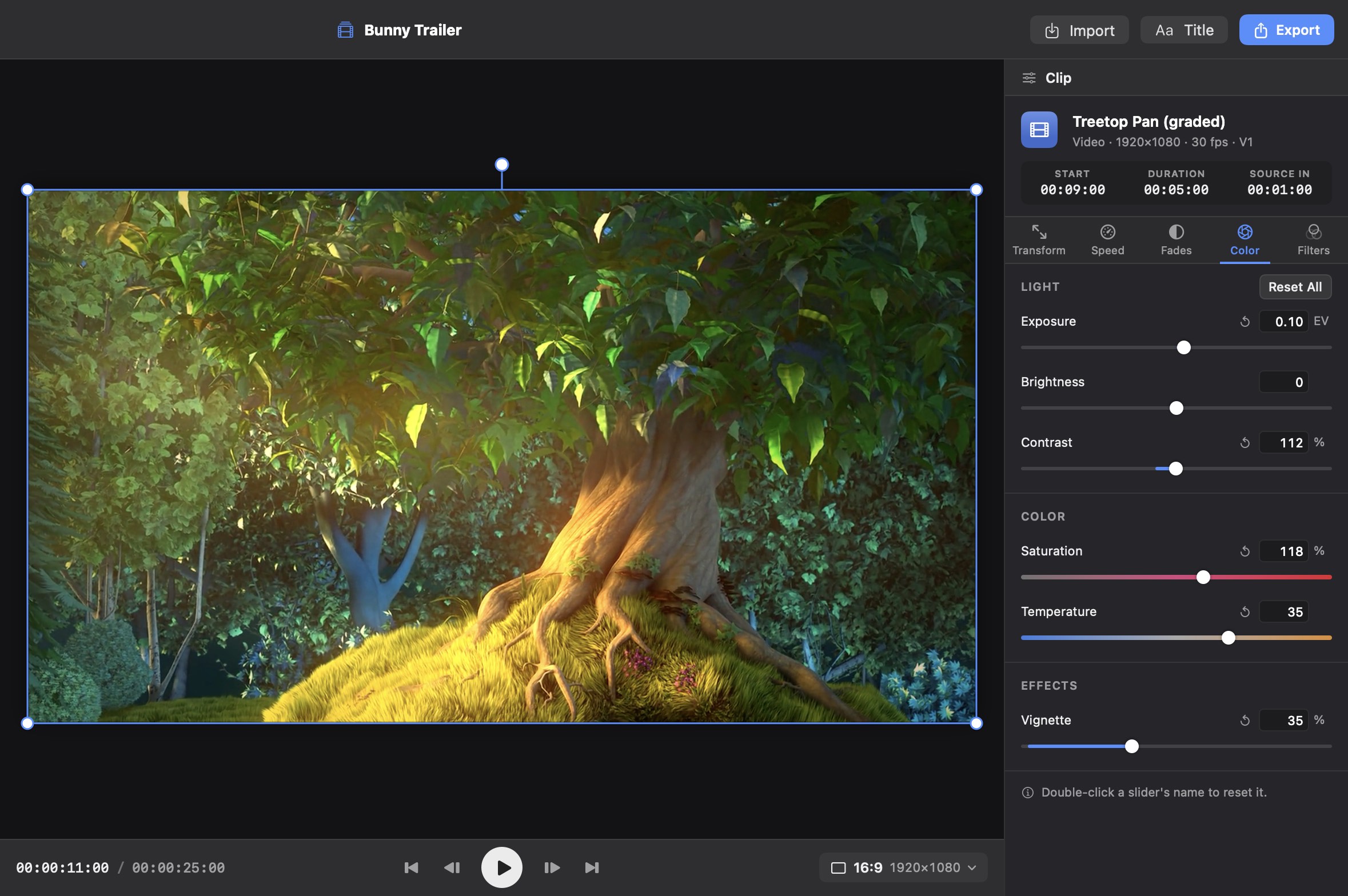 The graded Treetop Pan clip at 0:11 in the EditRush viewer, with the Color tab showing exposure 0.10 EV, brightness 0, contrast 112%, saturation 118%, temperature 35 and vignette 35%.