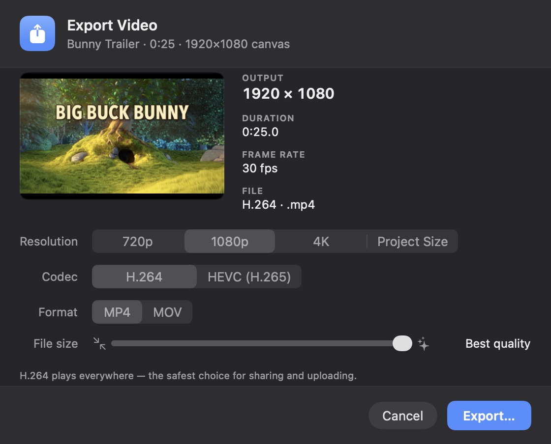 The EditRush Export Video sheet for Bunny Trailer: 1920×1080, 0:25, 30 fps, with 1080p, H.264 and MP4 selected and the File size slider set to Best quality.