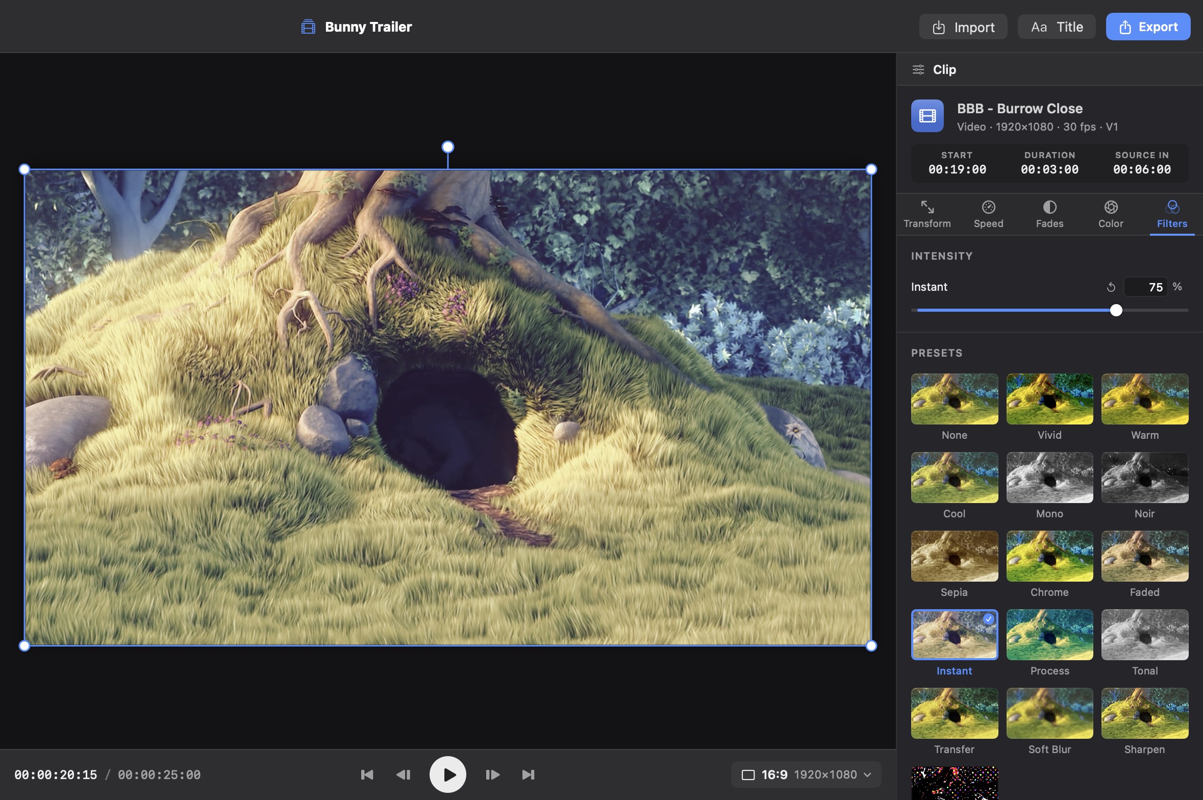 The Instant filter at 75% applied to a burrow close-up in the EditRush viewer, with the Filters tab showing the intensity slider and a grid of preset thumbnails of the clip, Instant ticked.