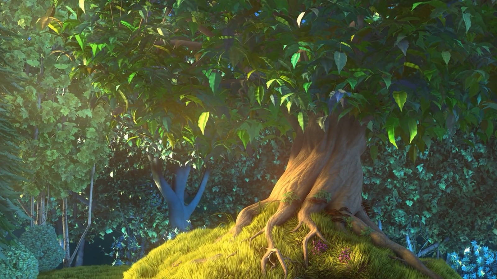 Before: an ungraded frame of the tree and grassy mound from Big Buck Bunny.