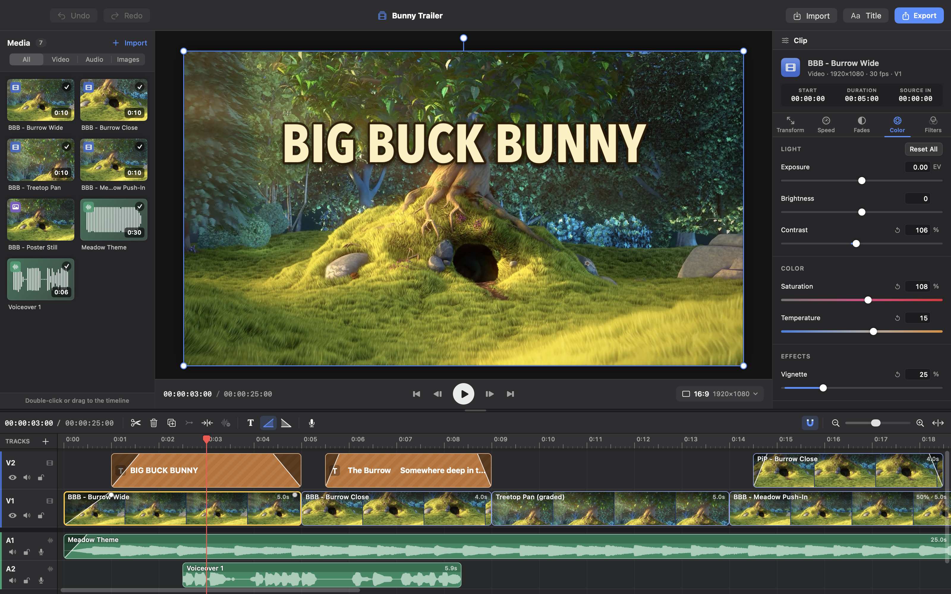 EditRush editing a project called Bunny Trailer: the Big Buck Bunny title over the burrow in the viewer, colour controls in the inspector, and a four-track timeline with video clips, two titles, a picture-in-picture clip, music and a voiceover.