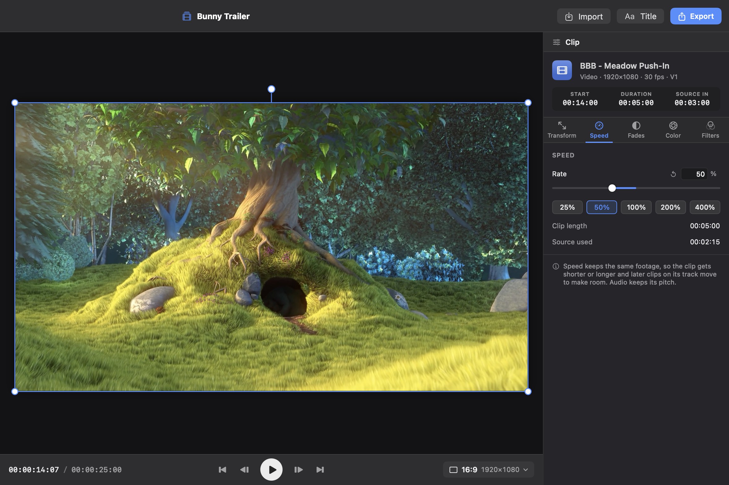 The meadow clip slowed to 50% in EditRush: the Speed tab shows the rate slider, the 25%, 50%, 100%, 200% and 400% presets with 50% selected, a clip length of 5 seconds and 2.5 seconds of source used.