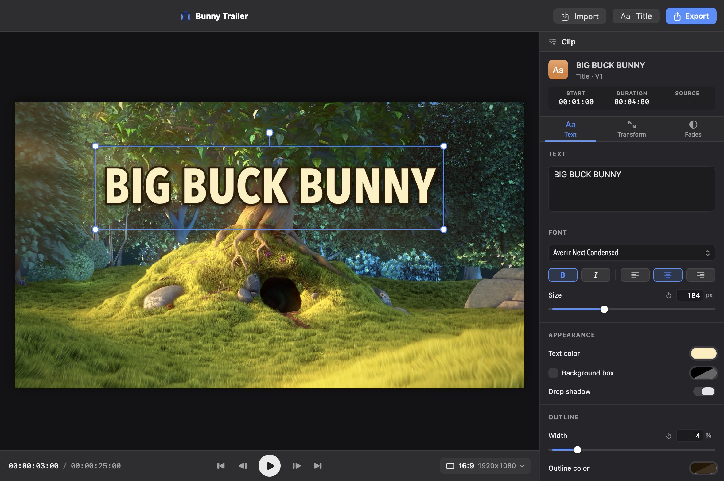 The BIG BUCK BUNNY title selected in the EditRush viewer, with handles around the text, and the inspector's Text tab showing Avenir Next Condensed, bold, centred, 184 px, a cream text colour, a drop shadow and a 4% dark outline.