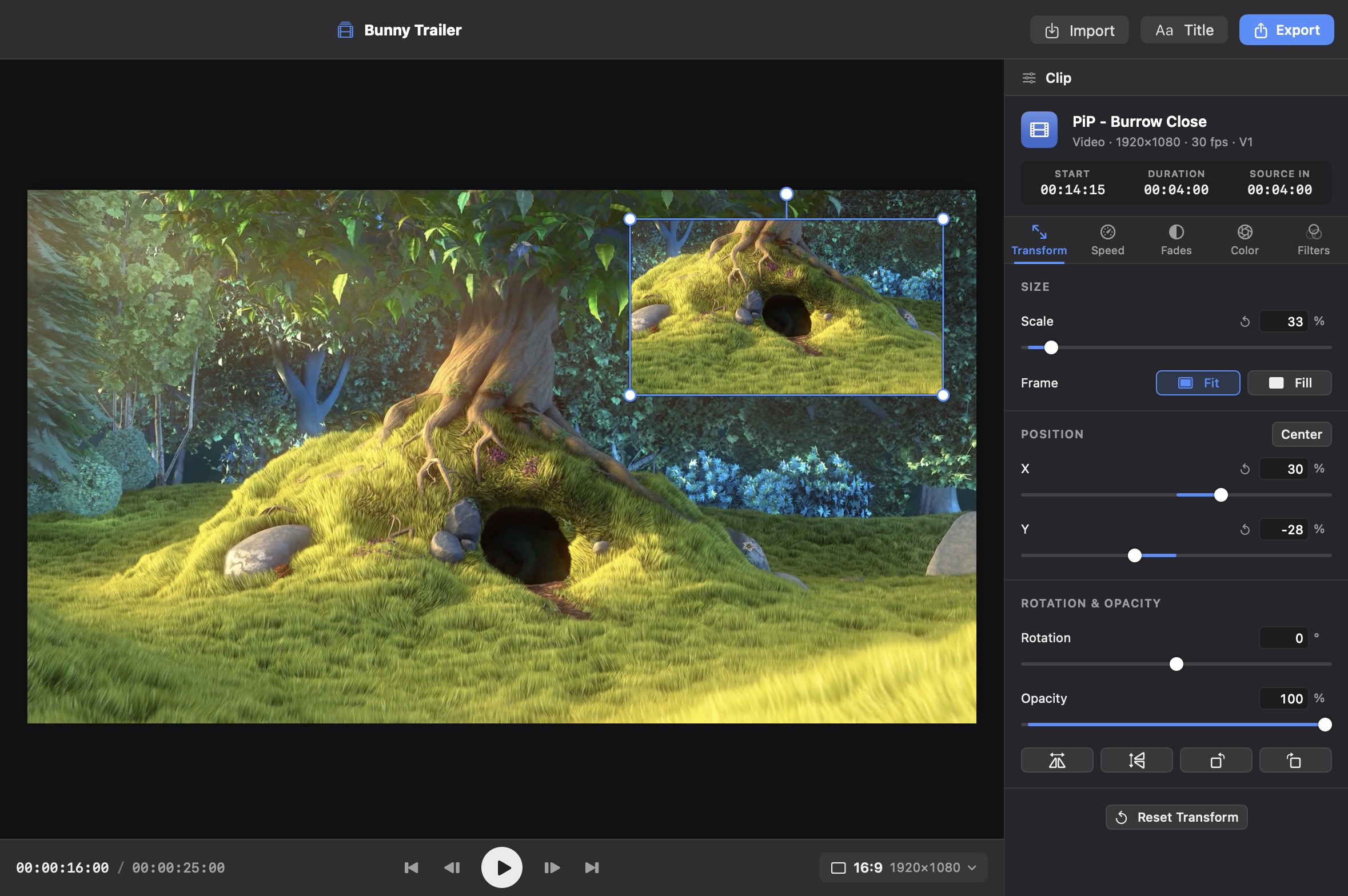 A picture-in-picture clip of the burrow scaled to 33% and moved to the top right of the meadow shot in the EditRush viewer, with on-canvas handles, and the Transform tab showing scale 33%, Fit framing, position X 30% and Y −28%, rotation 0° and opacity 100%.
